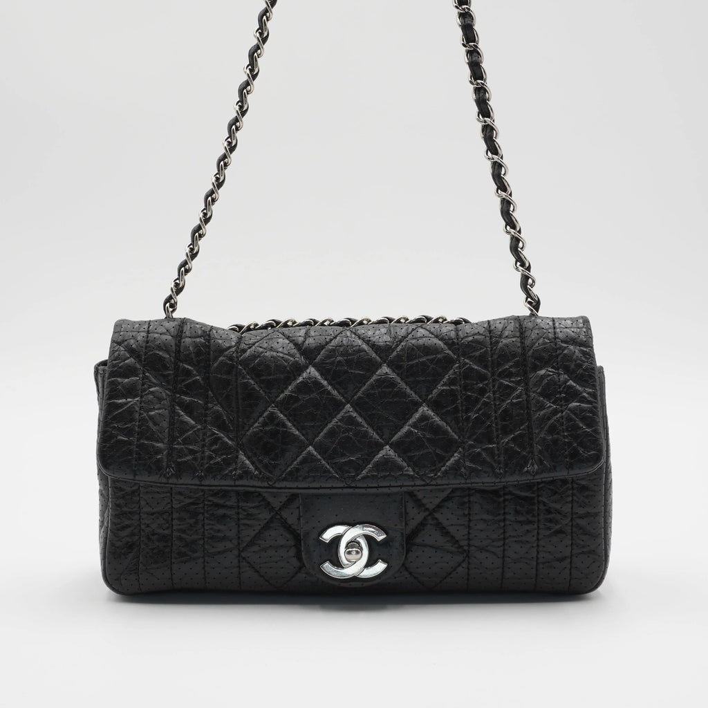 CHANEL Black Leather Perforated Flap Shoulder Bag CHANEL