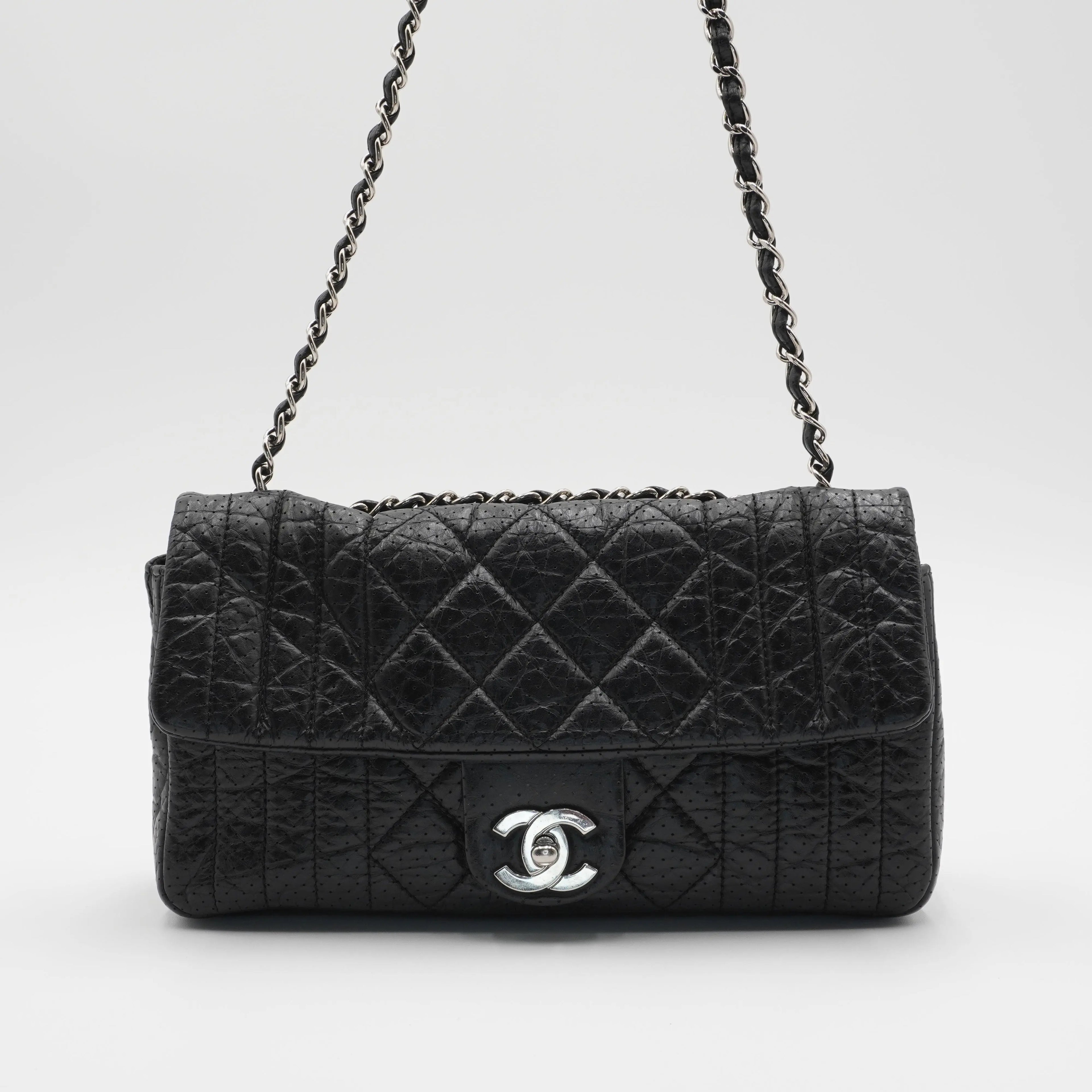 CHANEL Black Leather Perforated Flap Shoulder Bag CHANEL