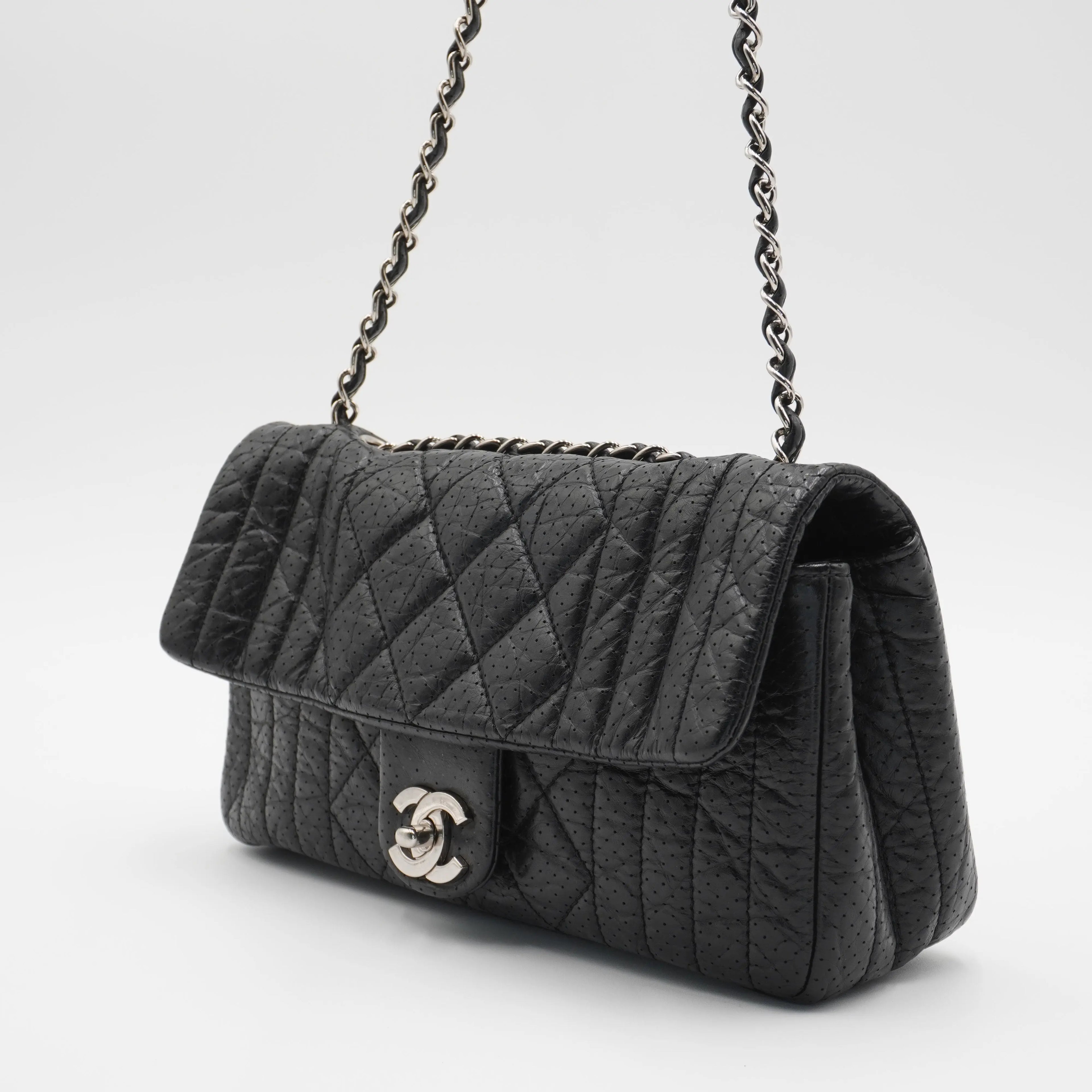 CHANEL Black Leather Perforated Flap Shoulder Bag CHANEL