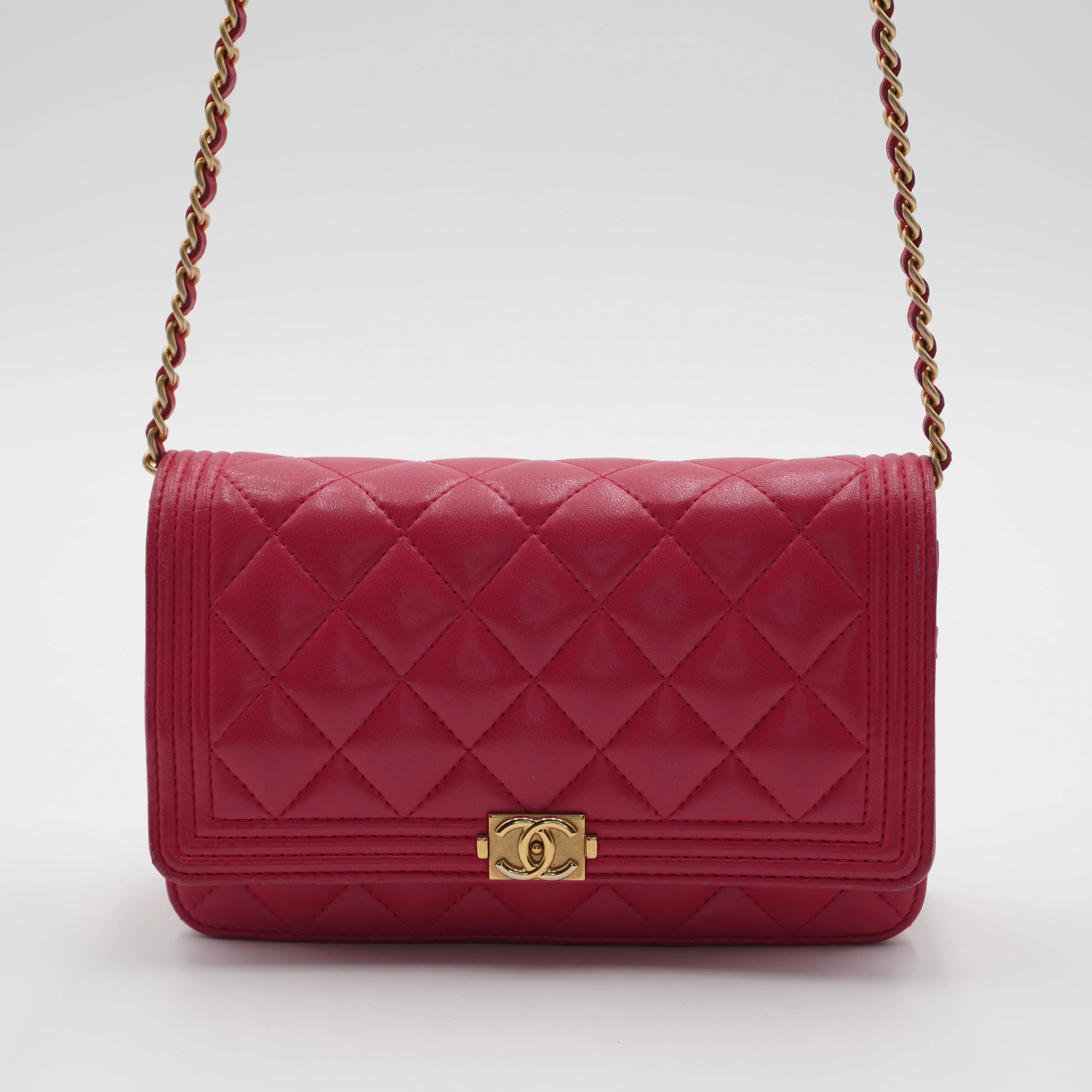 CHANEL Pink Quilted Wallet on Chain Lambskin Boy Bag CHANEL