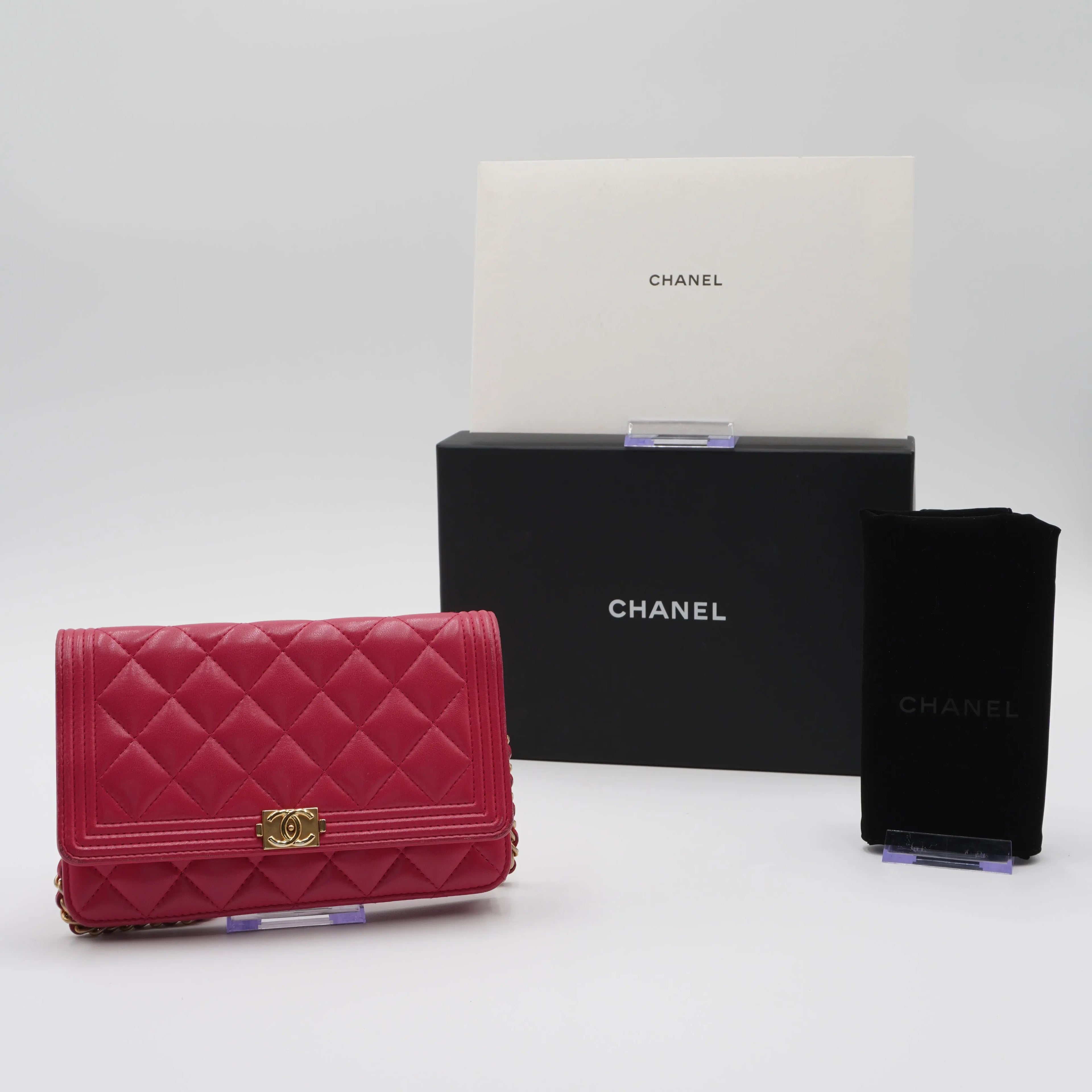CHANEL Pink Quilted Wallet on Chain Lambskin Boy Bag CHANEL