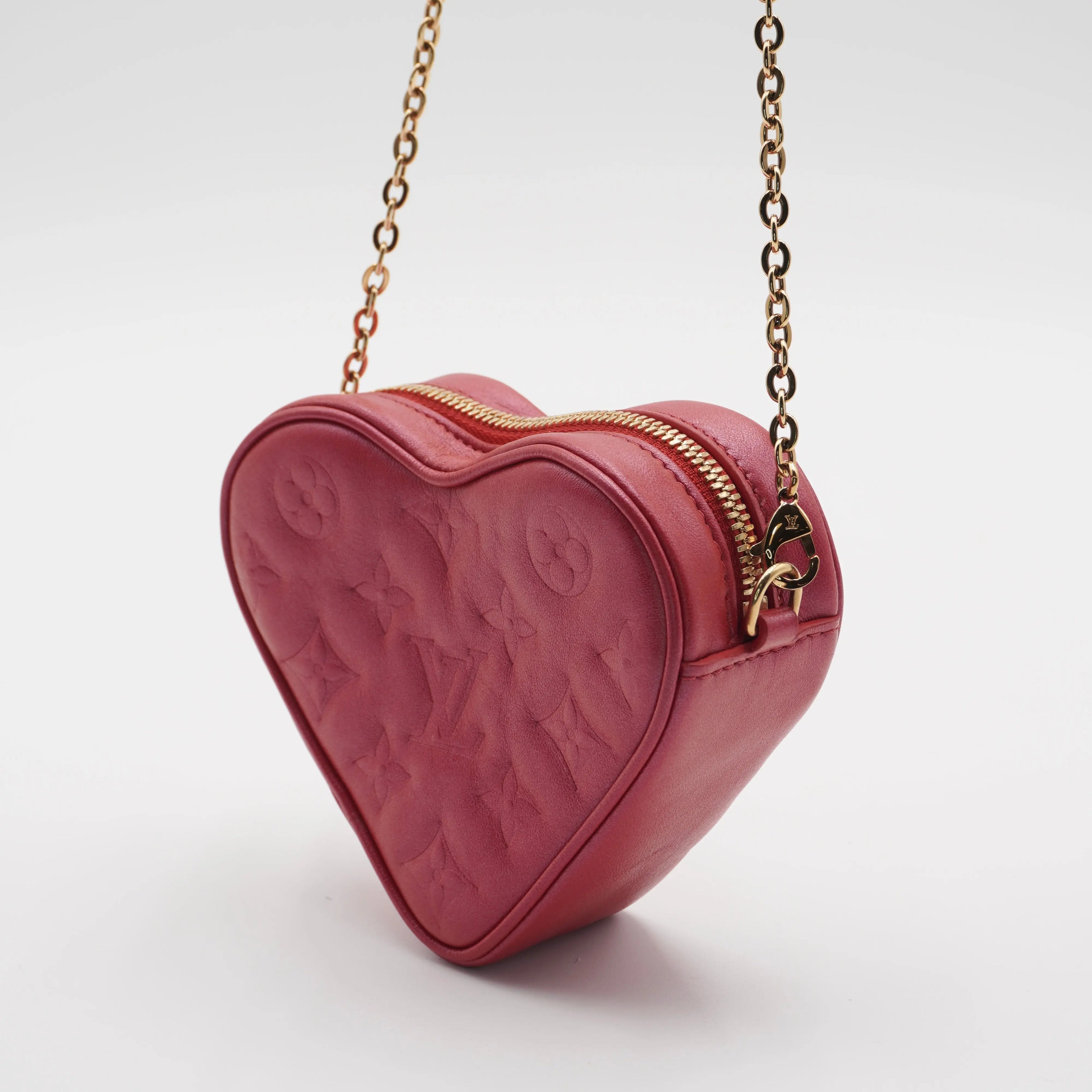 LOUIS VUITTON Lambskin Monogram Embossed Heart On Chain Bag LOUIS VUITTON