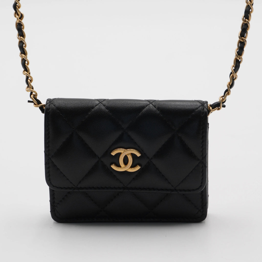 CHANEL Black Quilted Ruffled Card Holder On Chain CHANEL