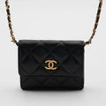 CHANEL Black Quilted Ruffled Card Holder On Chain CHANEL