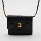 CHANEL Black Quilted Ruffled Card Holder On Chain CHANEL
