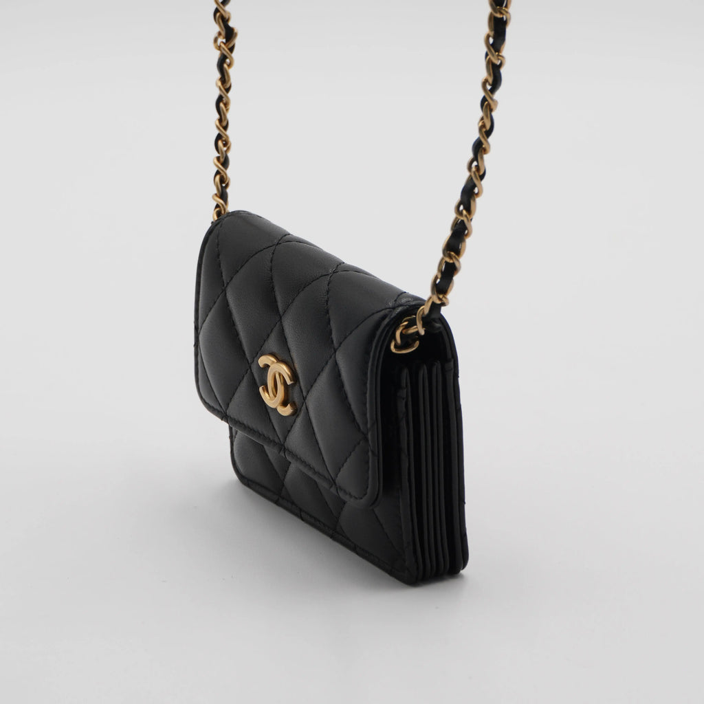 CHANEL Black Quilted Ruffled Card Holder On Chain CHANEL