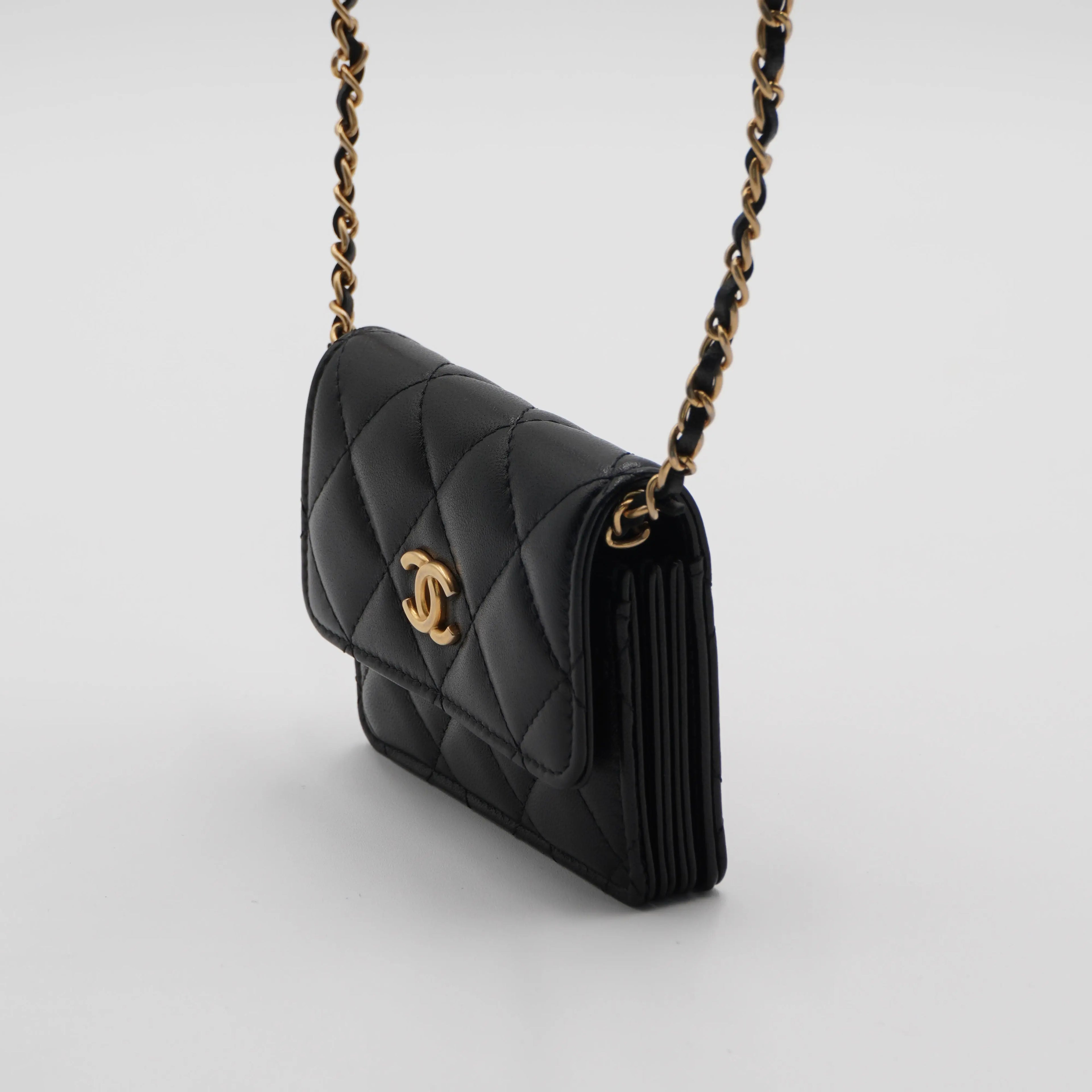 CHANEL Black Quilted Ruffled Card Holder On Chain CHANEL