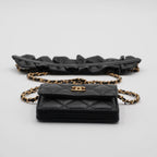 CHANEL Black Quilted Ruffled Card Holder On Chain CHANEL