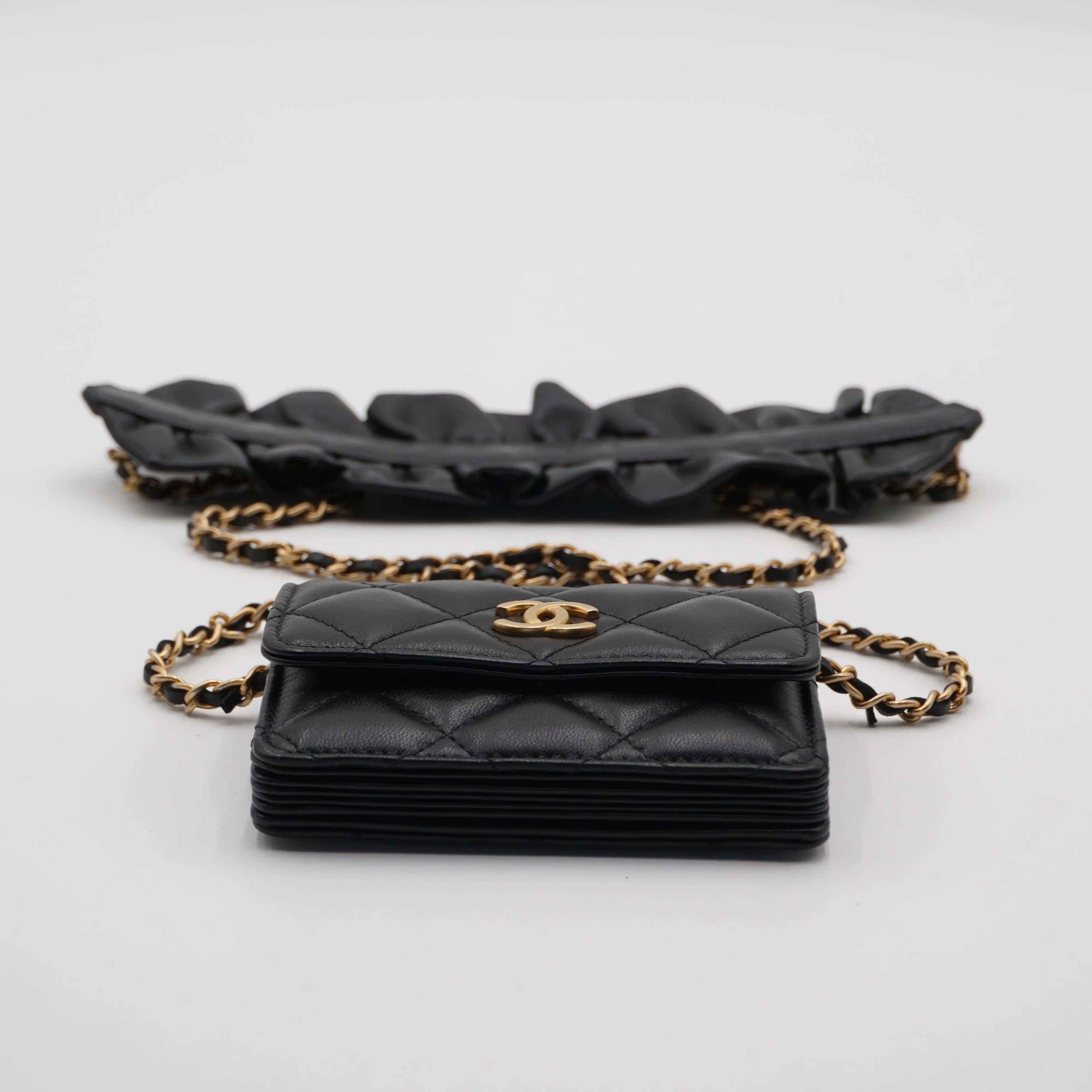 CHANEL Black Quilted Ruffled Card Holder On Chain CHANEL