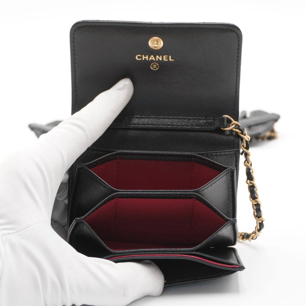 CHANEL Black Quilted Ruffled Card Holder On Chain CHANEL