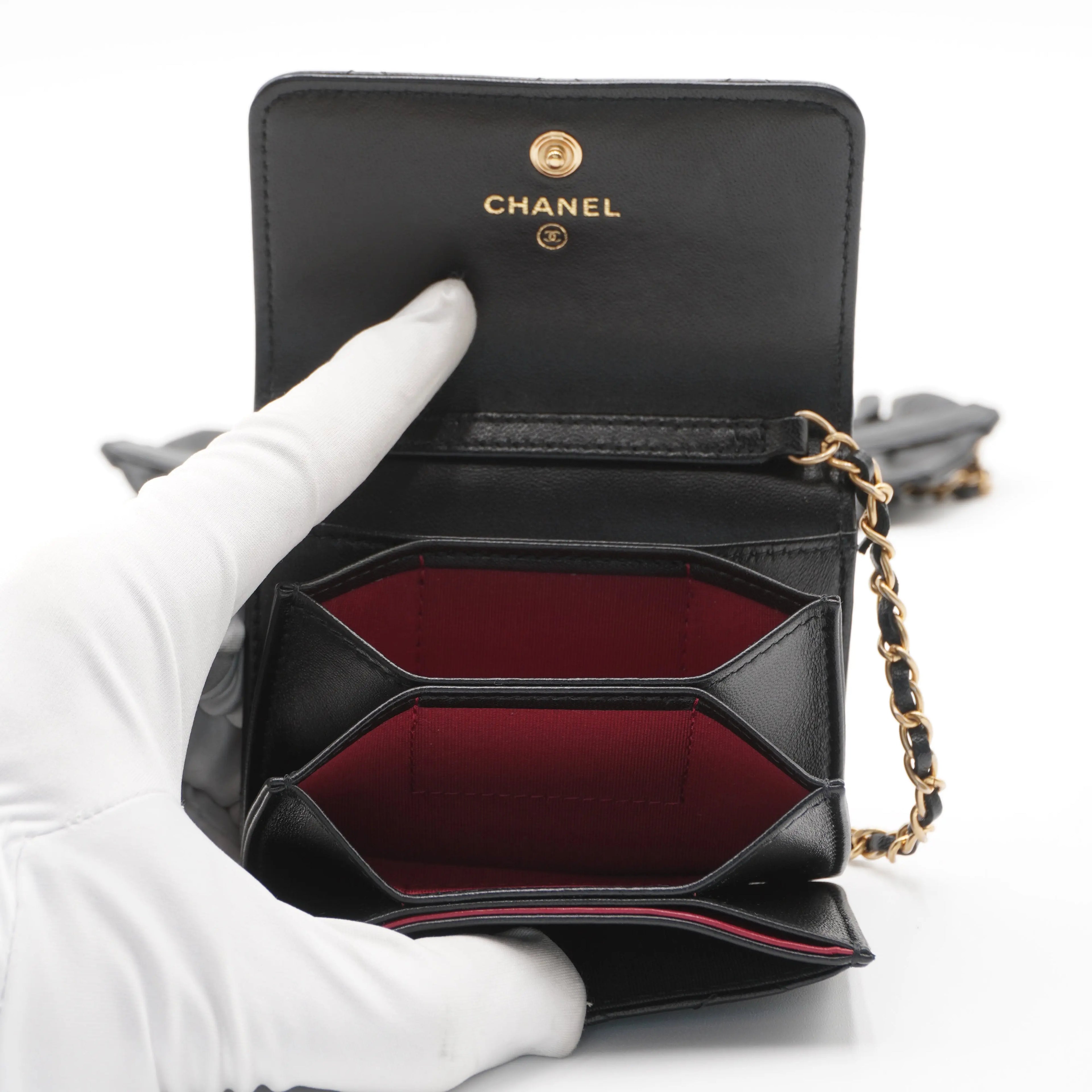 CHANEL Black Quilted Ruffled Card Holder On Chain CHANEL