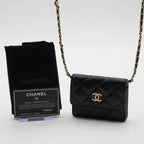 CHANEL Black Quilted Ruffled Card Holder On Chain CHANEL