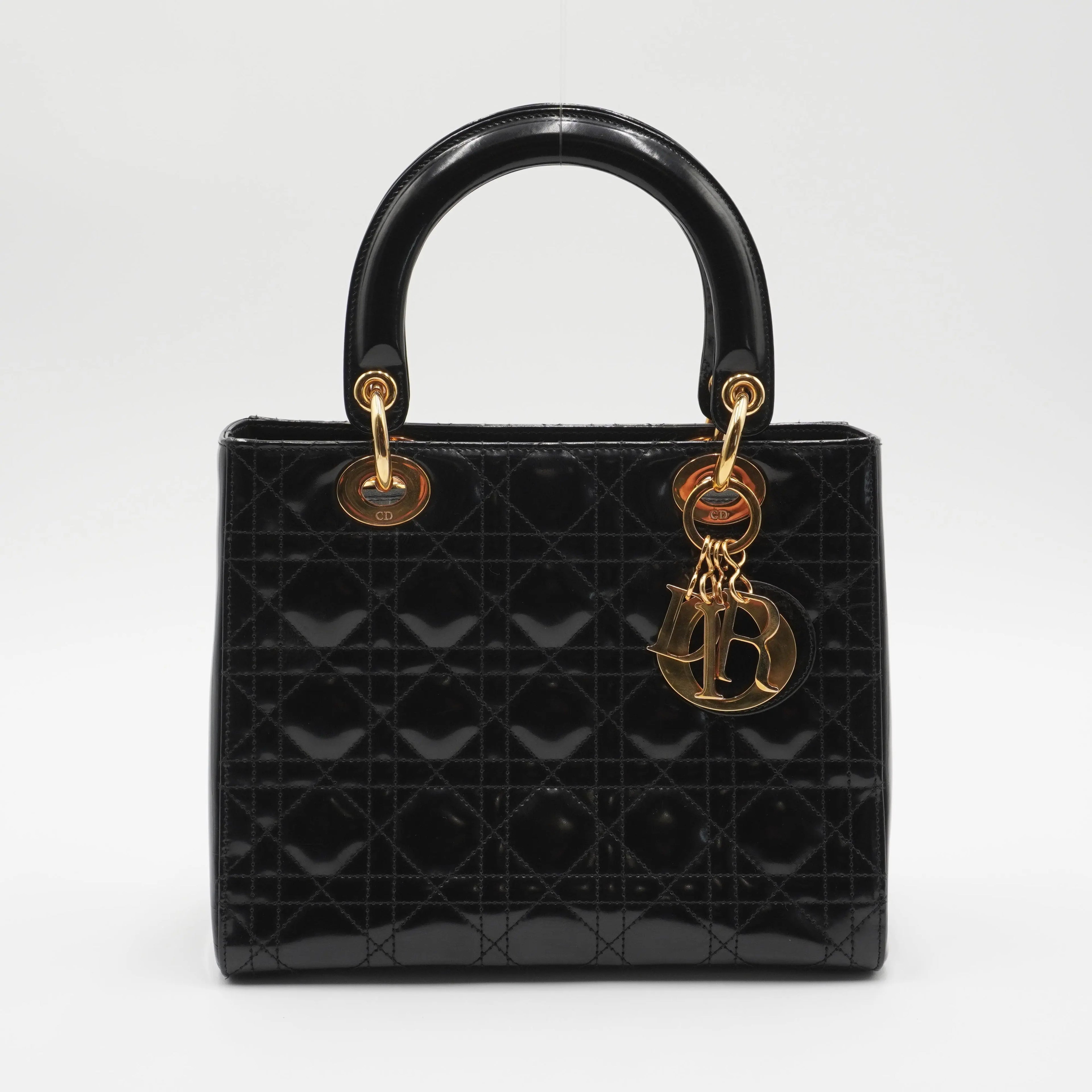 Dior Black Patent Cannage Calfskin 2-Way Medium Lady Dior