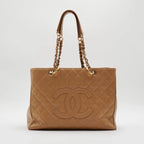 CHANEL Beige Quilted Caviar Leather Grand Shopping Tote CHANEL