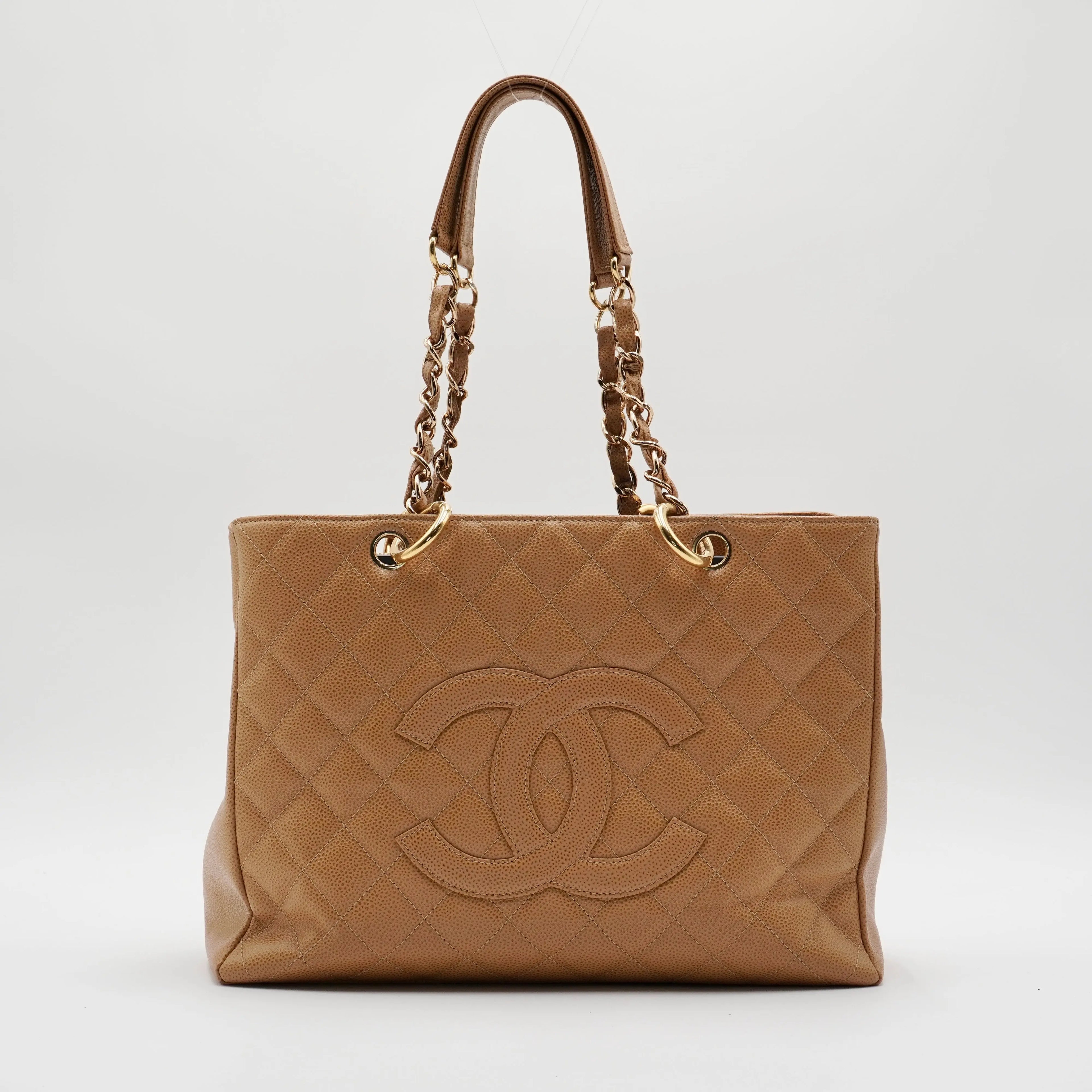 CHANEL Beige Quilted Caviar Leather Grand Shopping Tote CHANEL