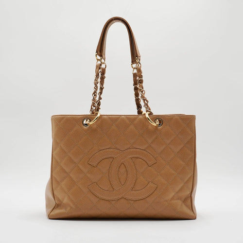 CHANEL Beige Quilted Caviar Leather Grand Shopping Tote CHANEL