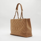CHANEL Beige Quilted Caviar Leather Grand Shopping Tote CHANEL