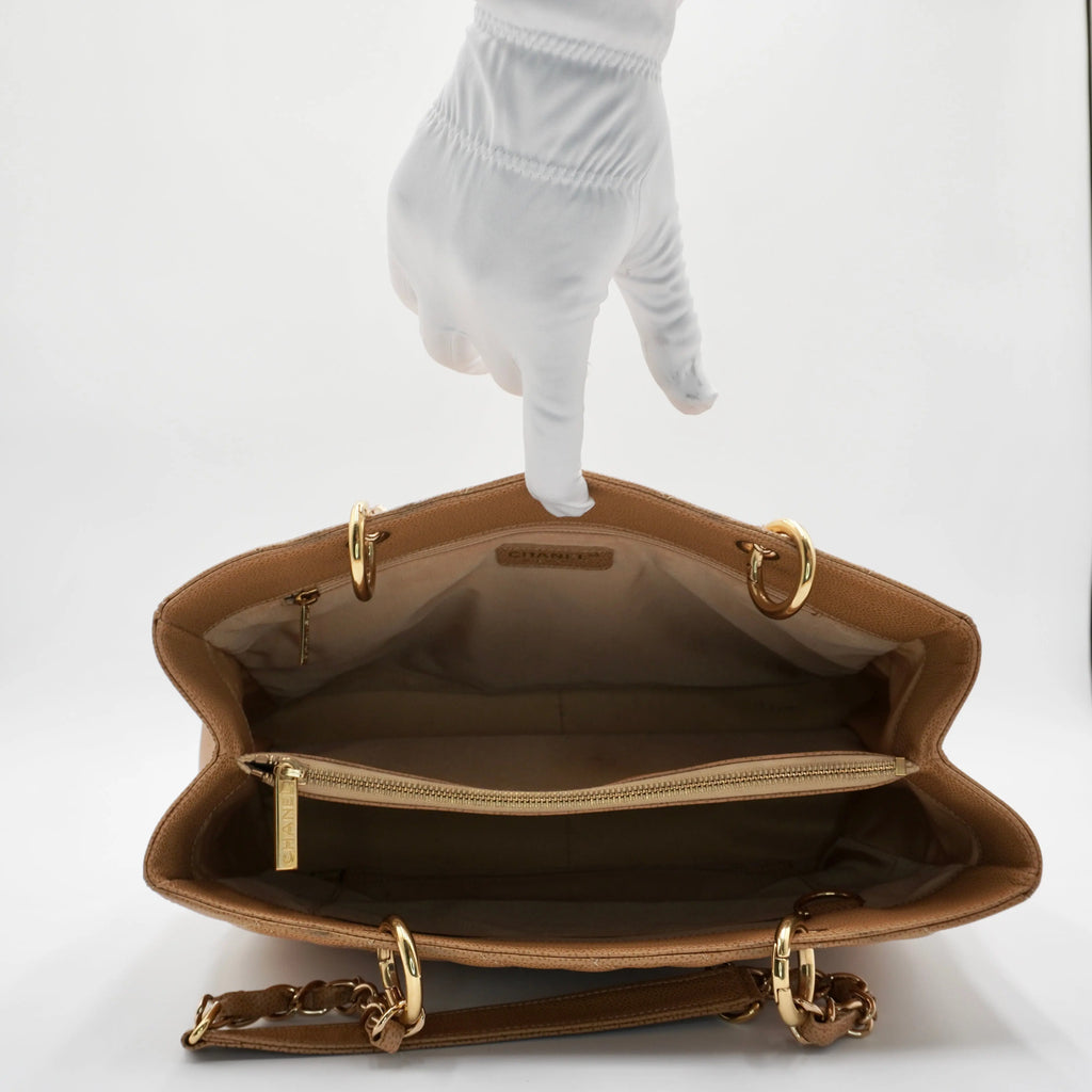 CHANEL Beige Quilted Caviar Leather Grand Shopping Tote CHANEL