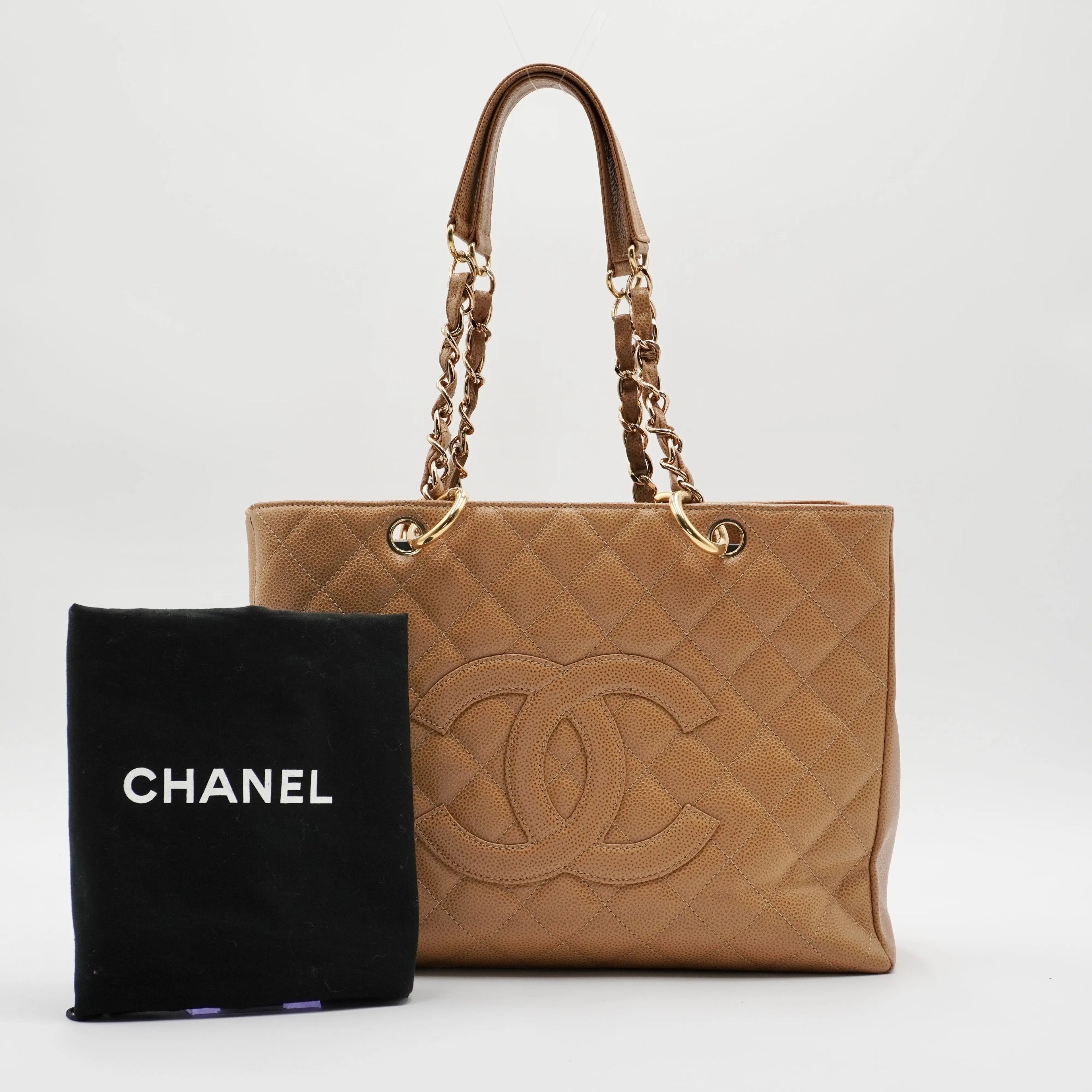 CHANEL Beige Quilted Caviar Leather Grand Shopping Tote CHANEL