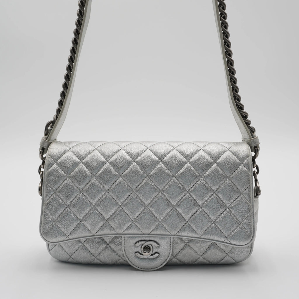 CHANEL Silver Quilted Airline Leather Shoulder Bag CHANEL