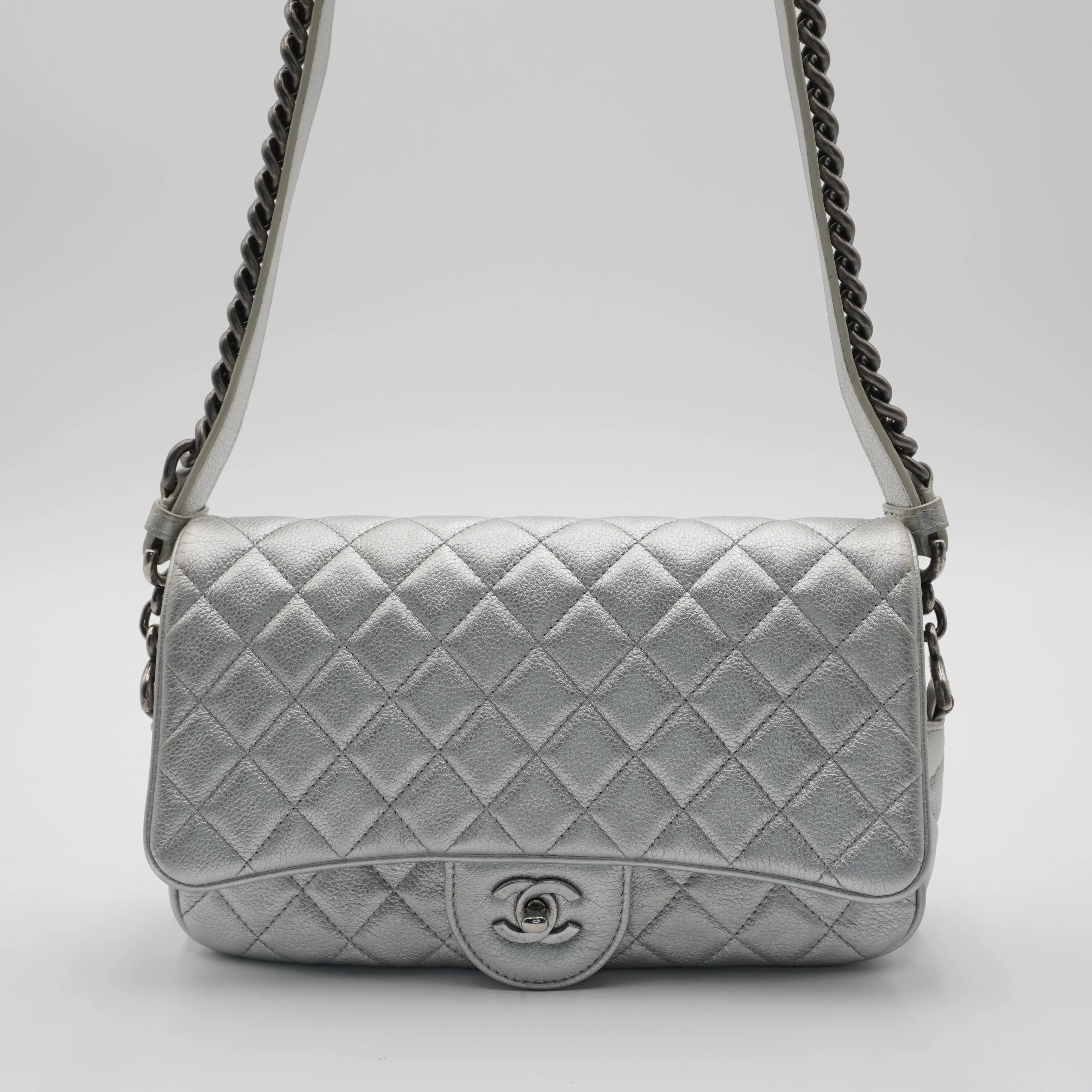 CHANEL Silver Quilted Airline Leather Shoulder Bag CHANEL