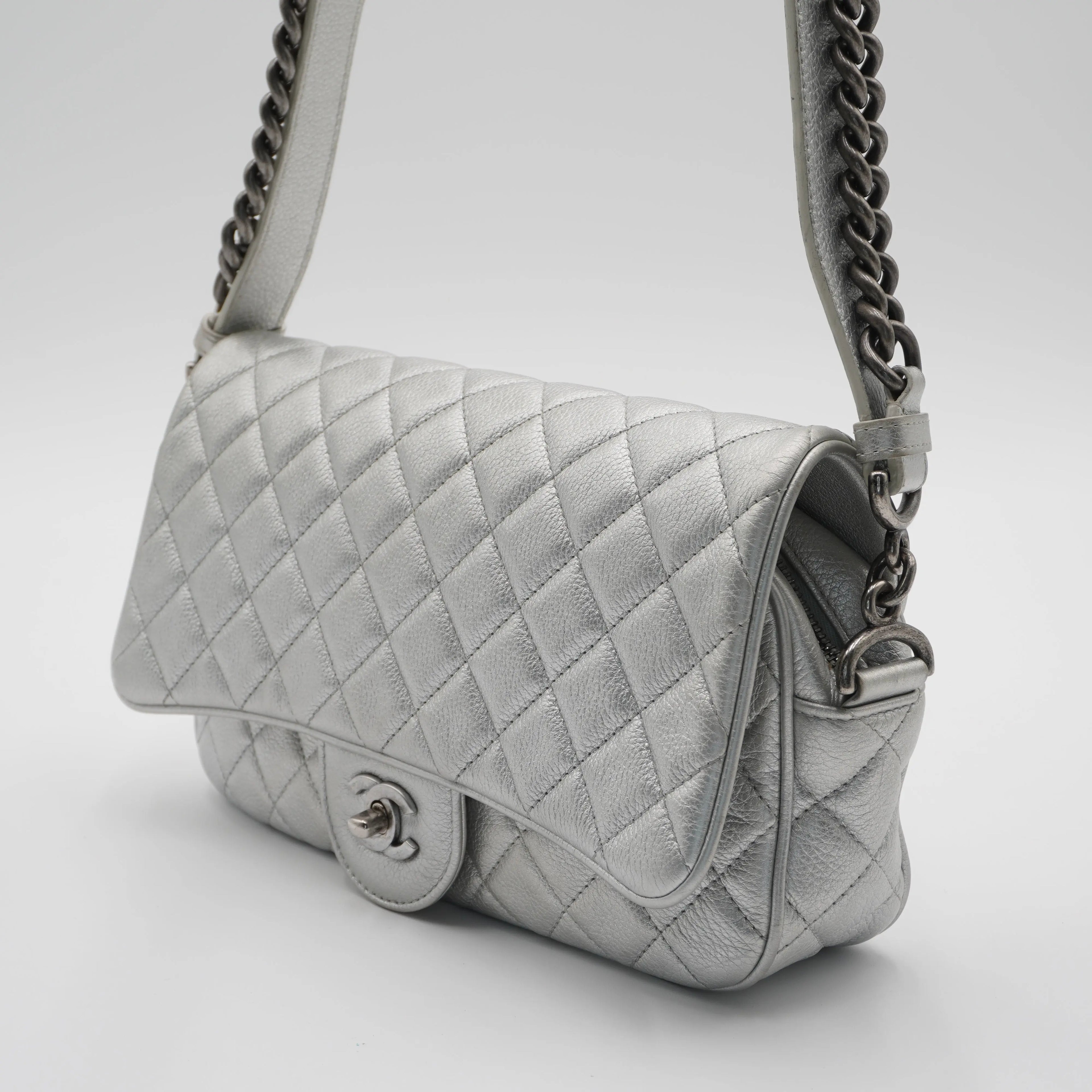 CHANEL Silver Quilted Airline Leather Shoulder Bag CHANEL
