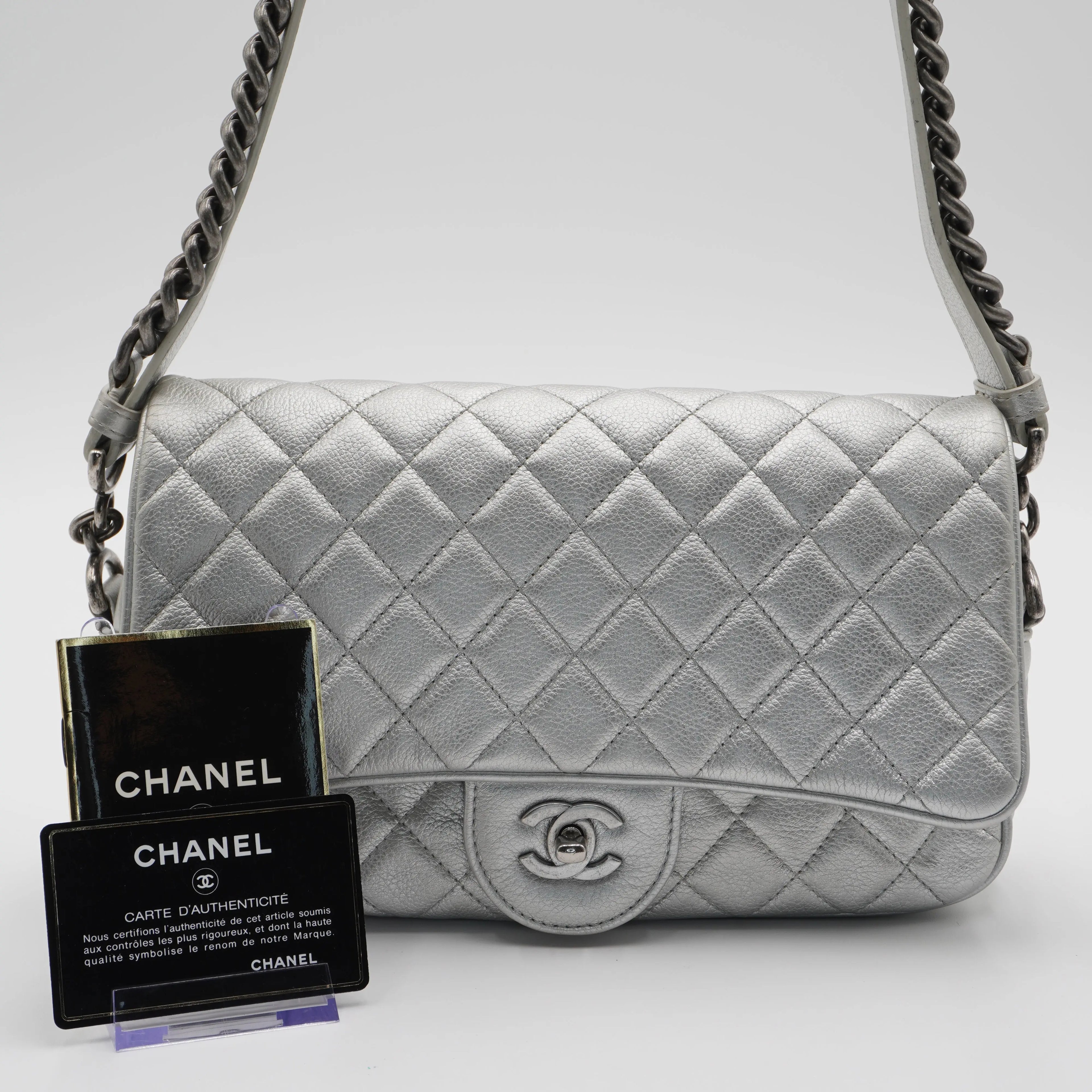 CHANEL Silver Quilted Airline Leather Shoulder Bag CHANEL