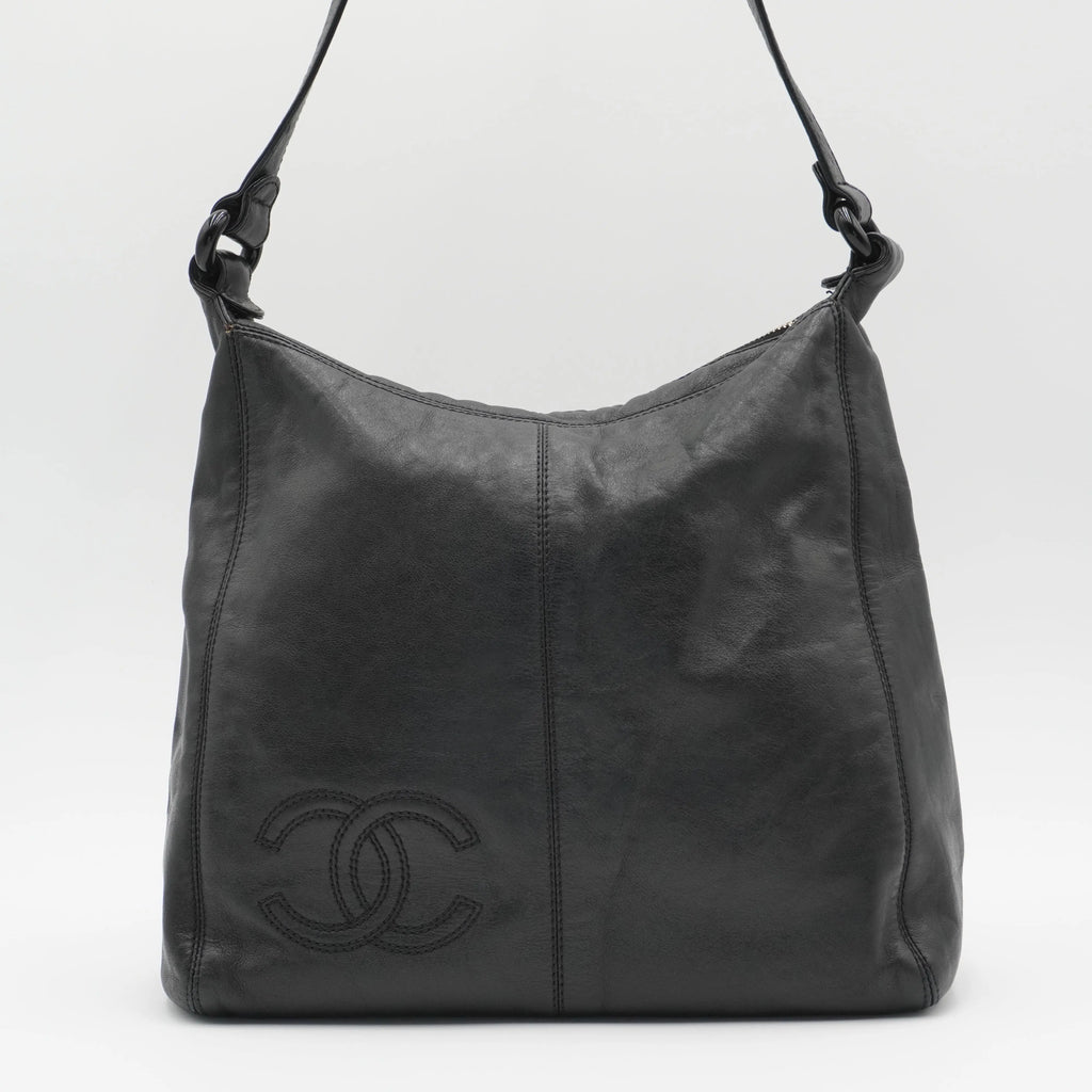 CHANEL Black Leather Hobo Bag with Coco Logo CHANEL