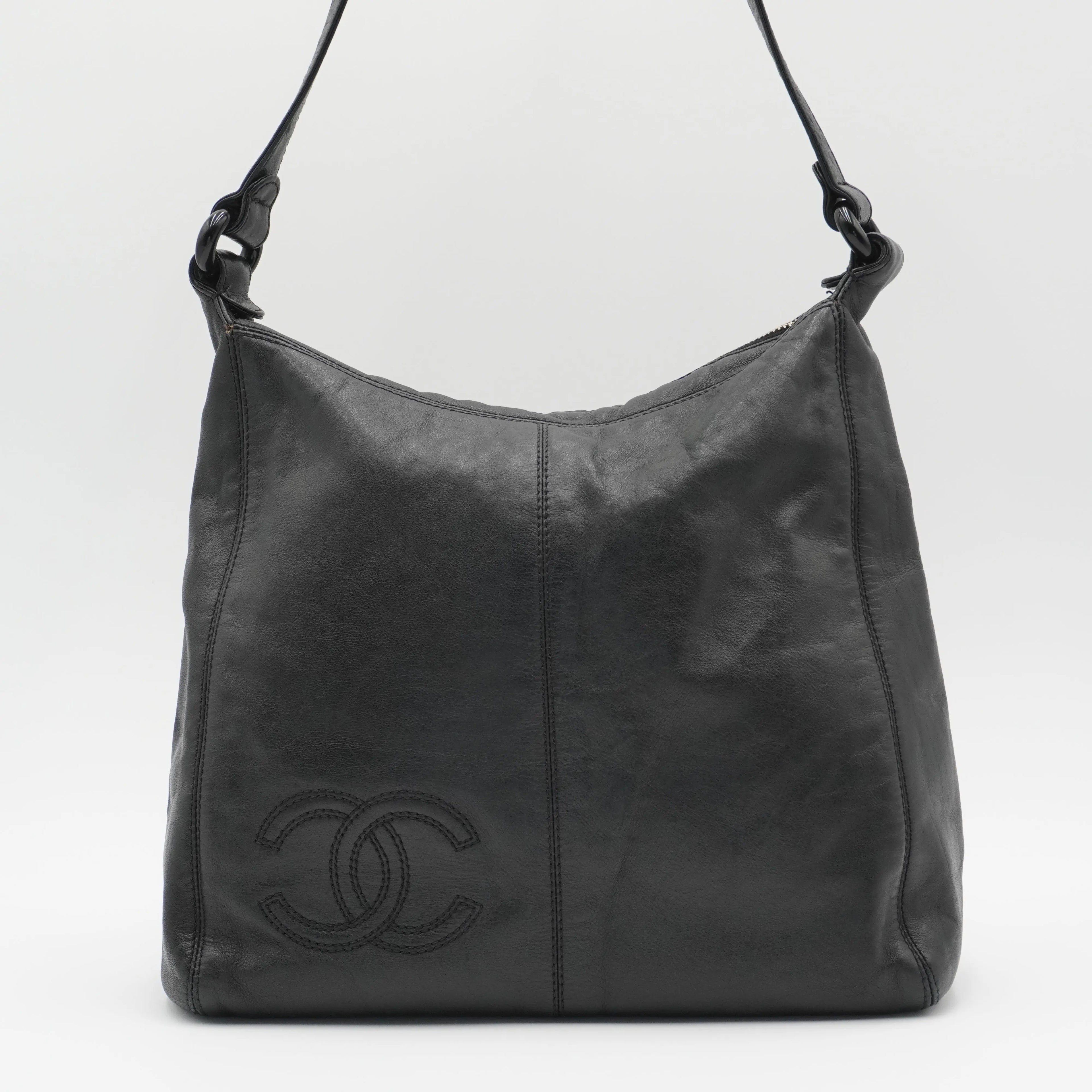 CHANEL Black Leather Hobo Bag with Coco Logo CHANEL