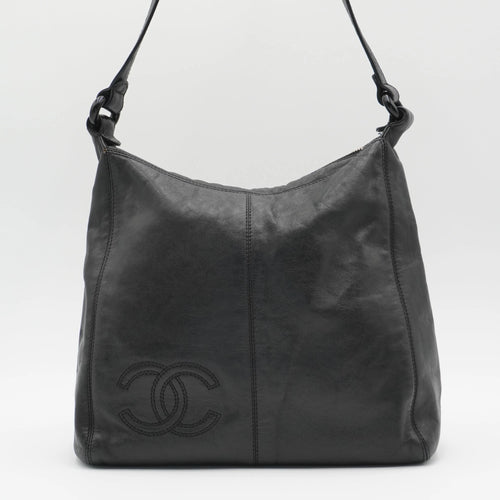 CHANEL Black Leather Hobo Bag with Coco Logo CHANEL
