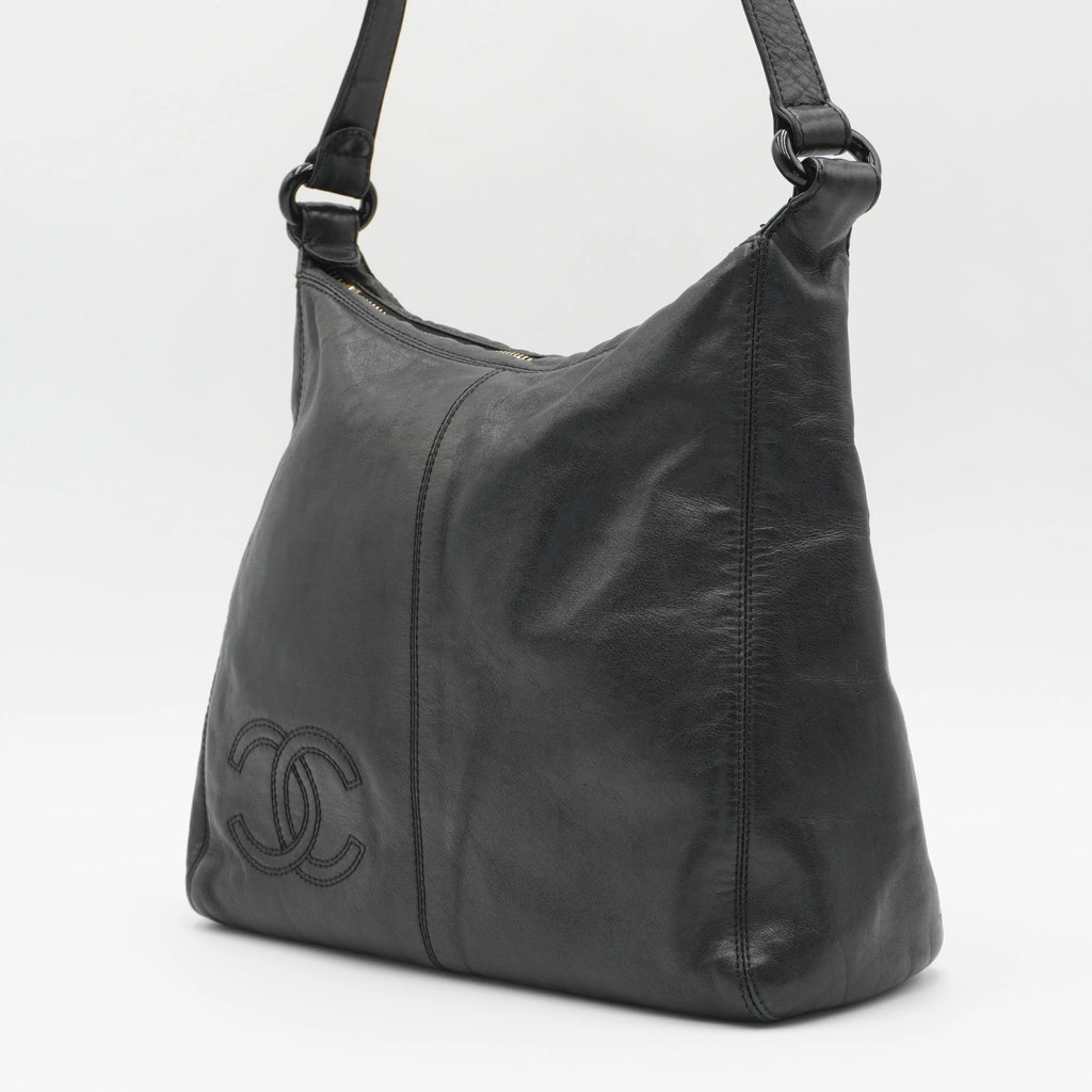 CHANEL Black Leather Hobo Bag with Coco Logo CHANEL