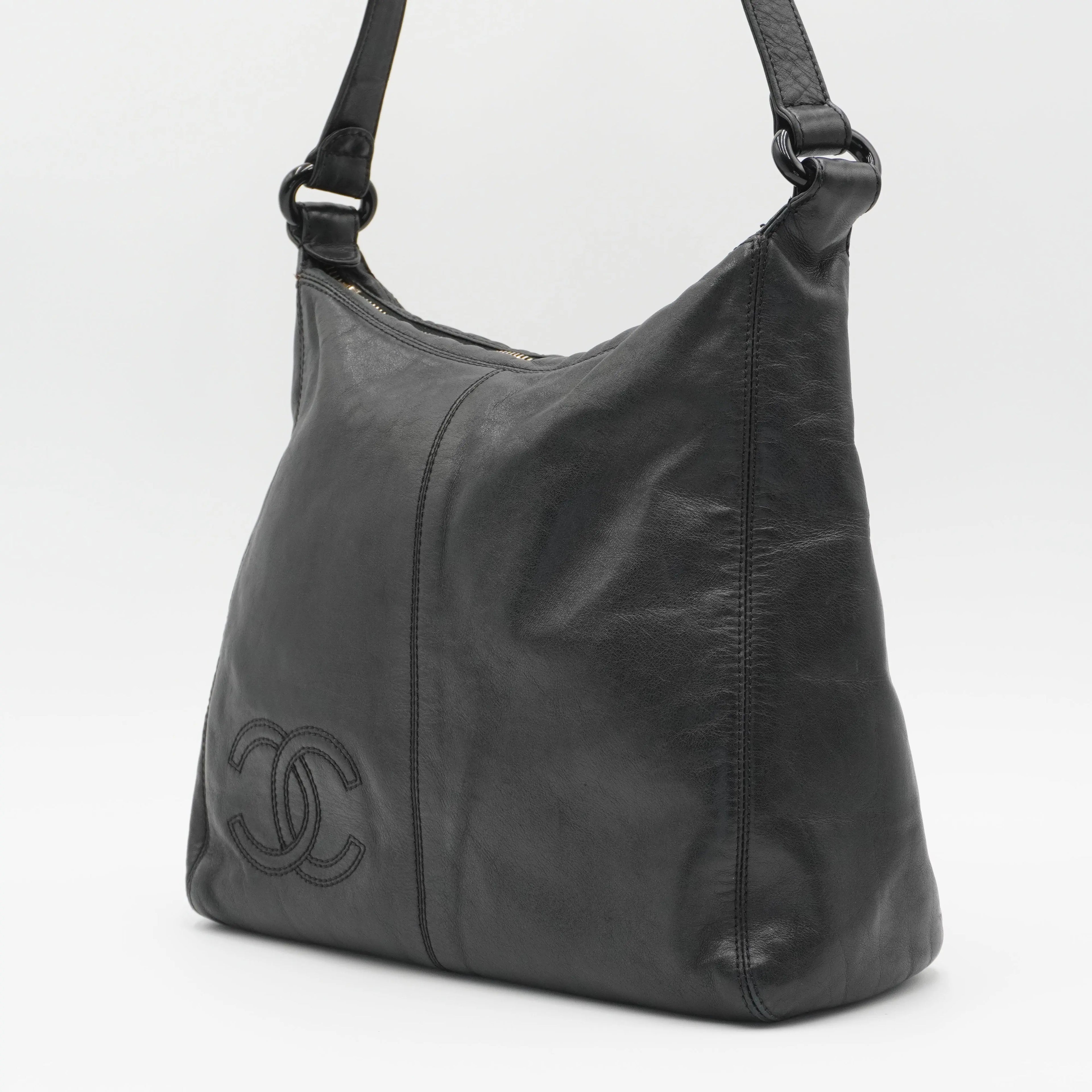 CHANEL Black Leather Hobo Bag with Coco Logo CHANEL