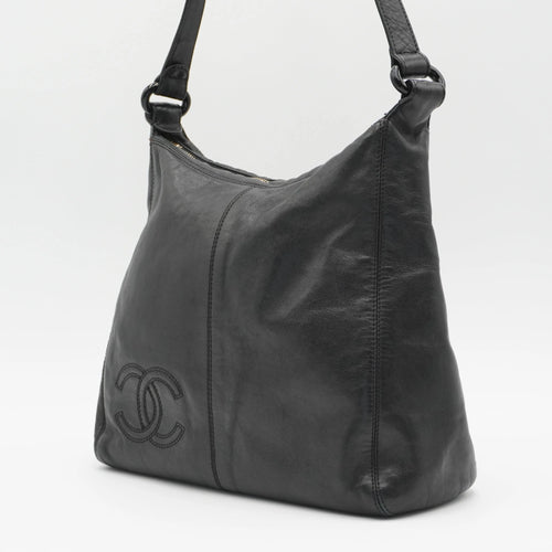 CHANEL Black Leather Hobo Bag with Coco Logo CHANEL