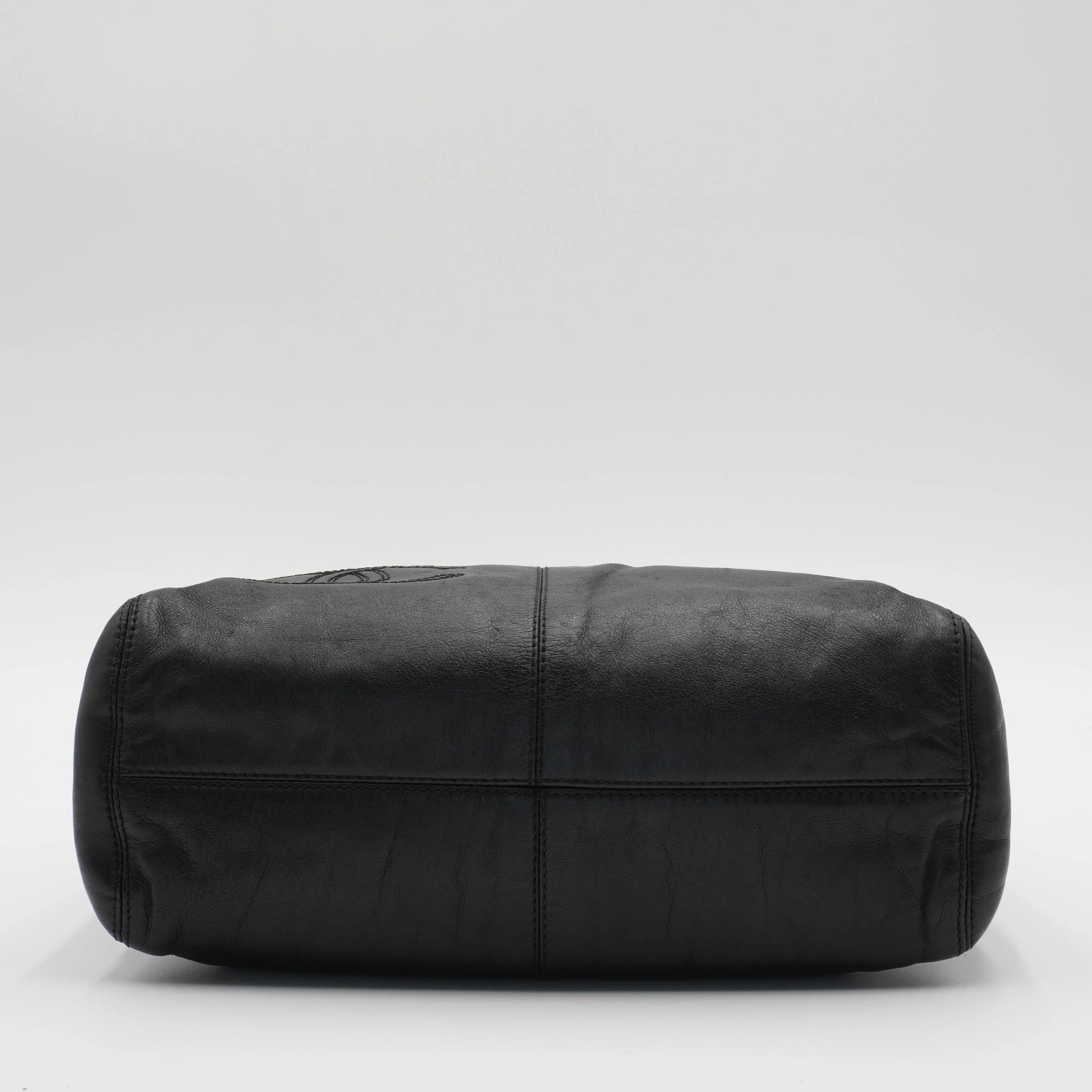CHANEL Black Leather Hobo Bag with Coco Logo CHANEL
