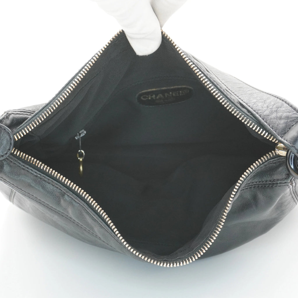 CHANEL Black Leather Hobo Bag with Coco Logo CHANEL