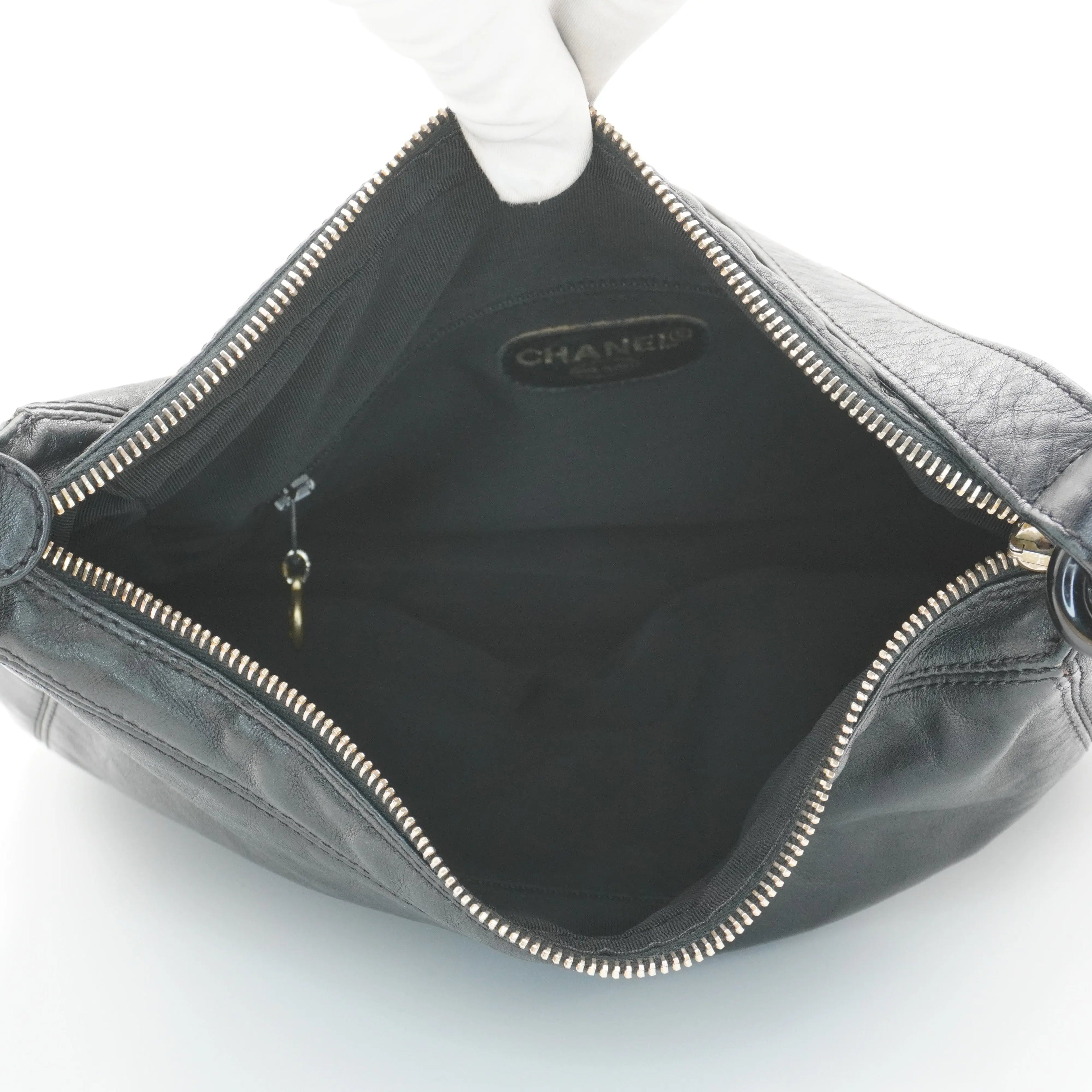 CHANEL Black Leather Hobo Bag with Coco Logo CHANEL
