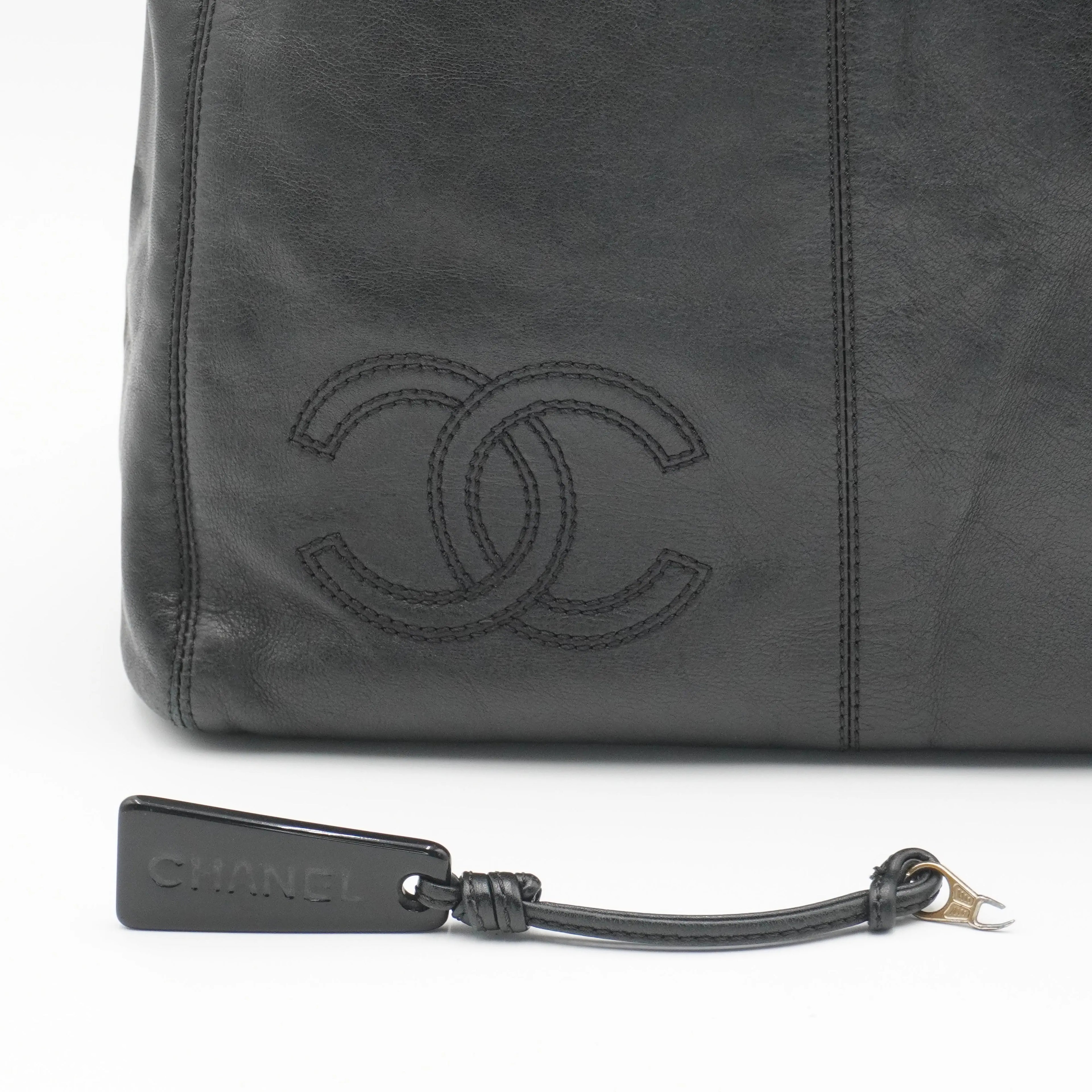 CHANEL Black Leather Hobo Bag with Coco Logo CHANEL
