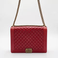 CHANEL Red Leather Quilted Boy Flap Bag CHANEL
