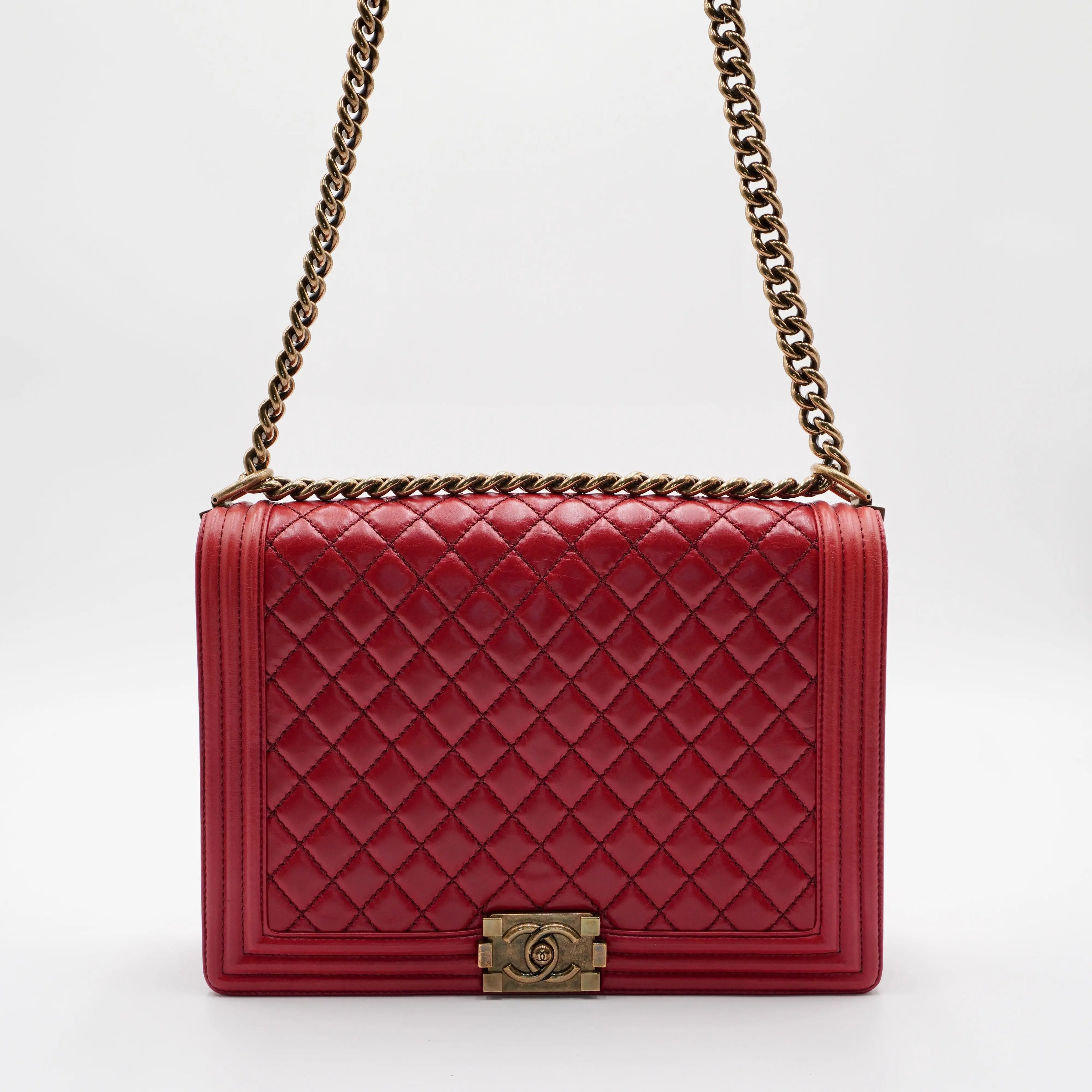 CHANEL Red Leather Quilted Boy Flap Bag CHANEL