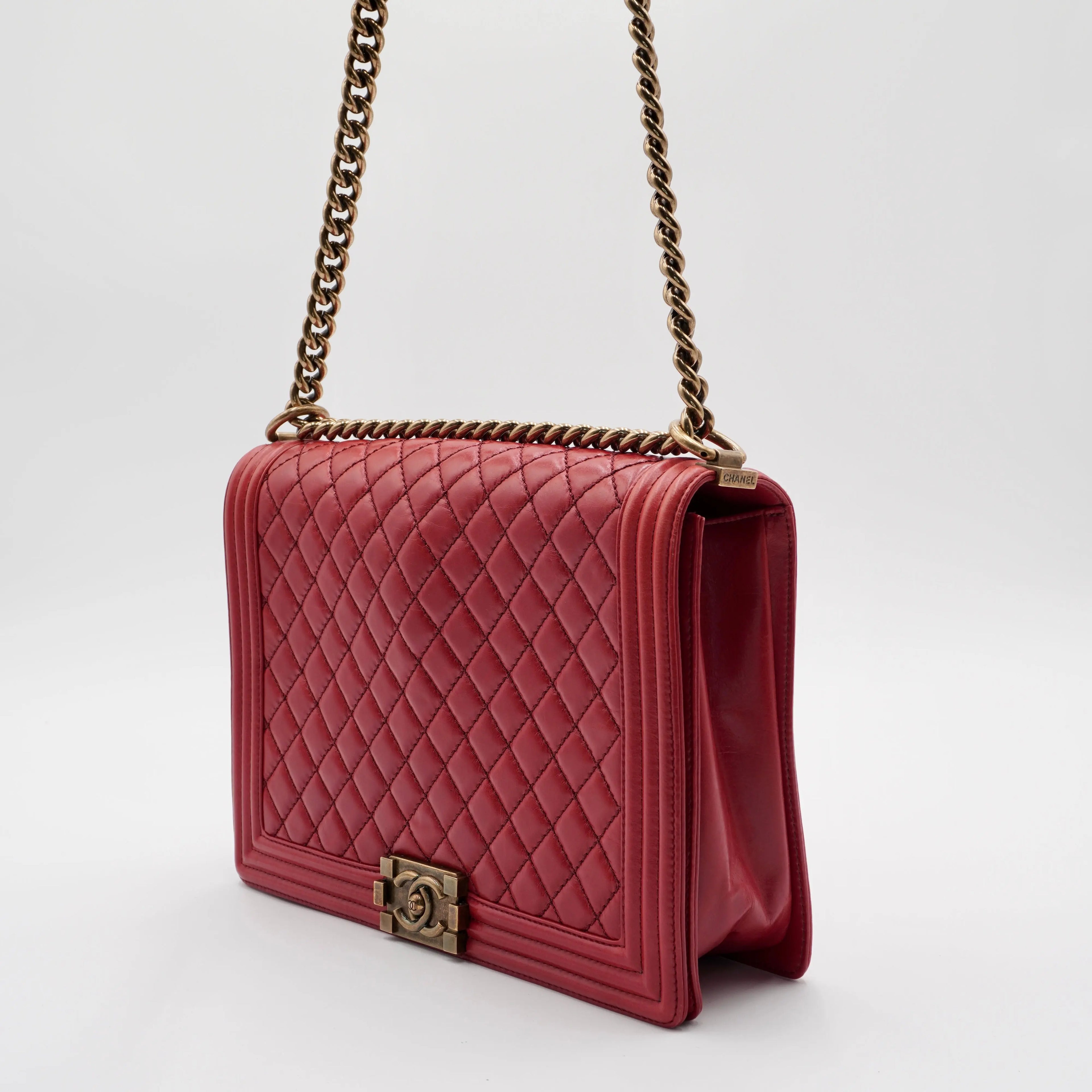 CHANEL Red Leather Quilted Boy Flap Bag CHANEL