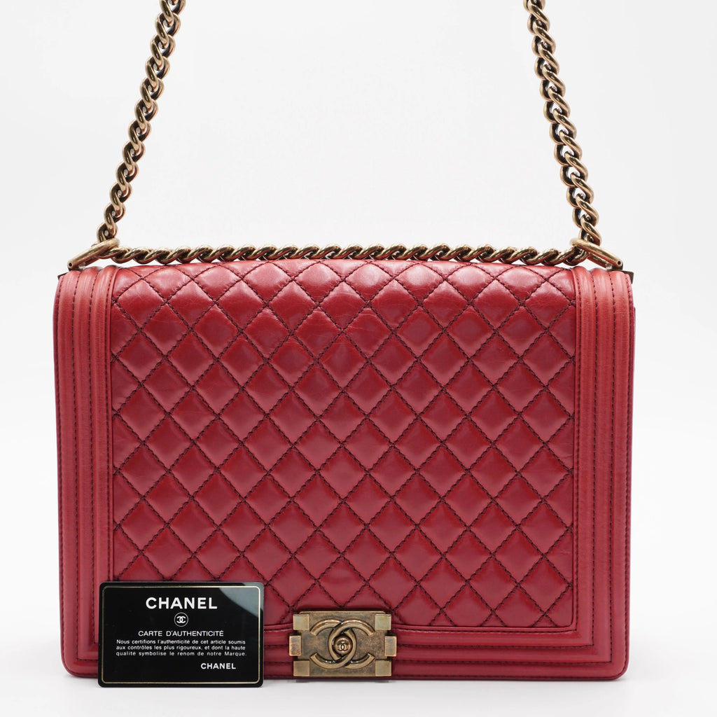 CHANEL Red Leather Quilted Boy Flap Bag CHANEL