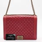 CHANEL Red Leather Quilted Boy Flap Bag CHANEL