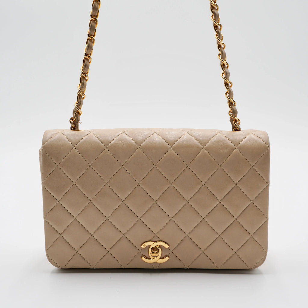 CHANEL Vintage Classic Quilted Beige Leather Full Flap Bag CHANEL