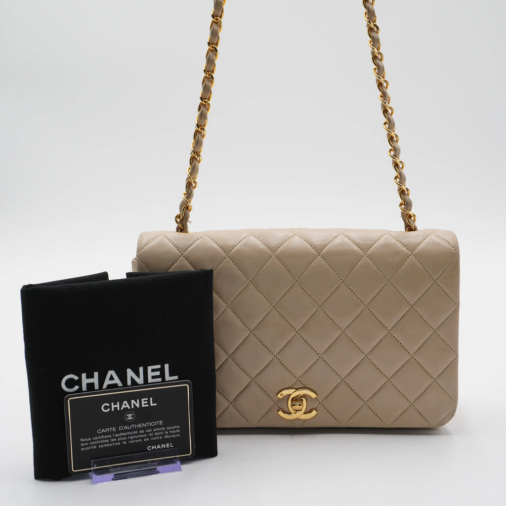 CHANEL Vintage Classic Quilted Beige Leather Full Flap Bag CHANEL