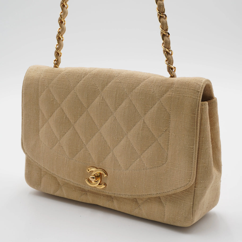 CHANEL Classic Diana 25 Beige Linen Crossbody Flap Bag CHANEL