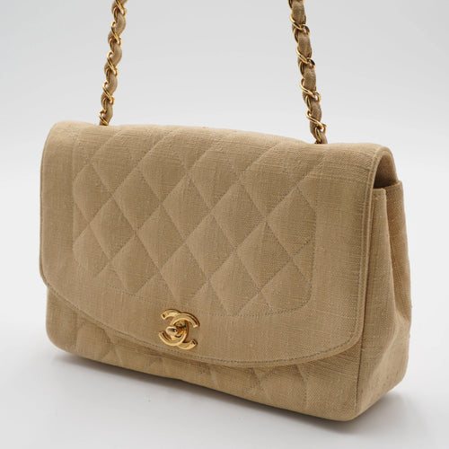 CHANEL Classic Diana 25 Beige Linen Crossbody Flap Bag CHANEL