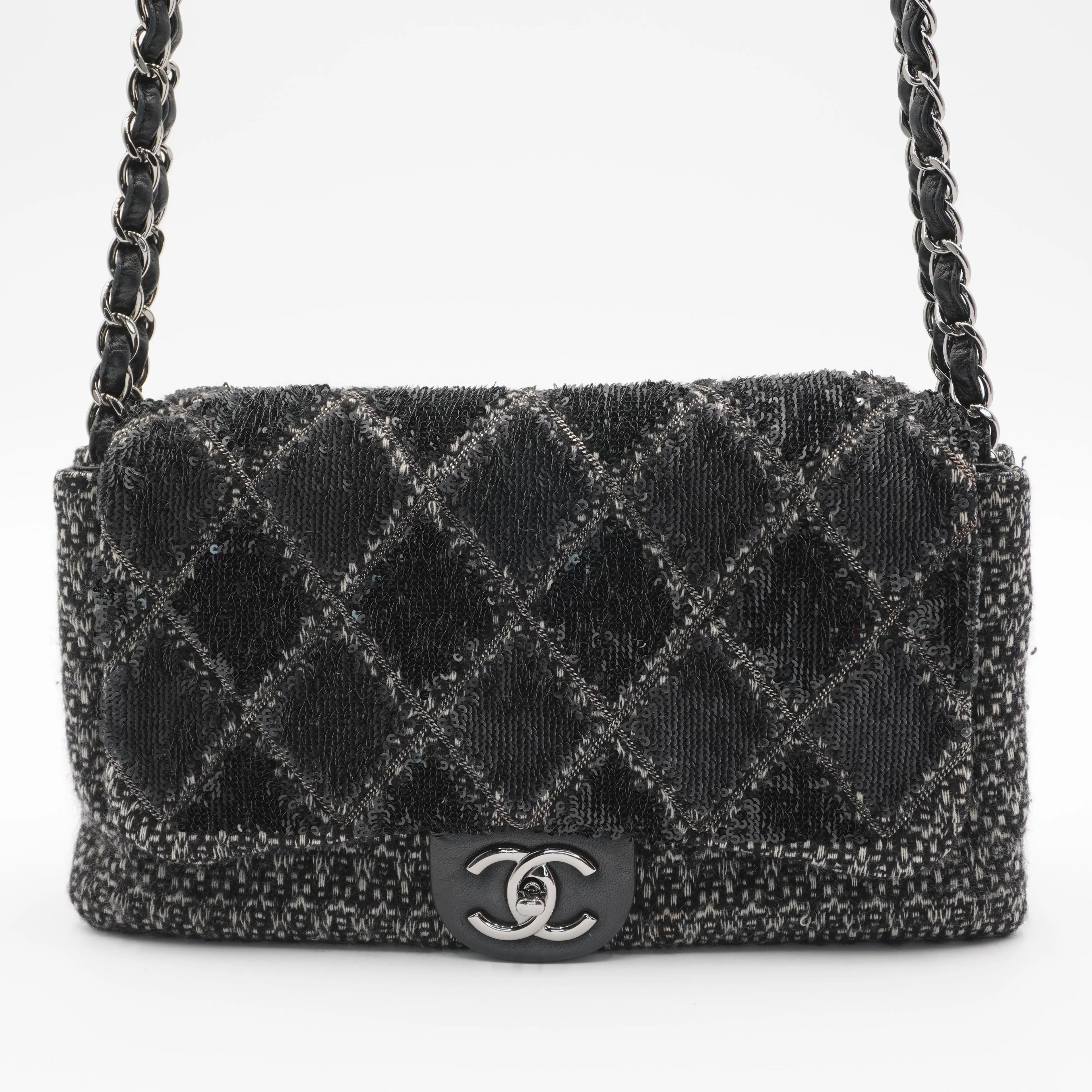 CHANEL Sequin Tweed Icons Chain Accordion Flap Bag CHANEL