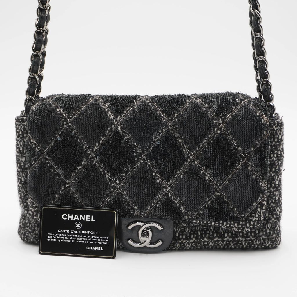 CHANEL Sequin Tweed Icons Chain Accordion Flap Bag CHANEL