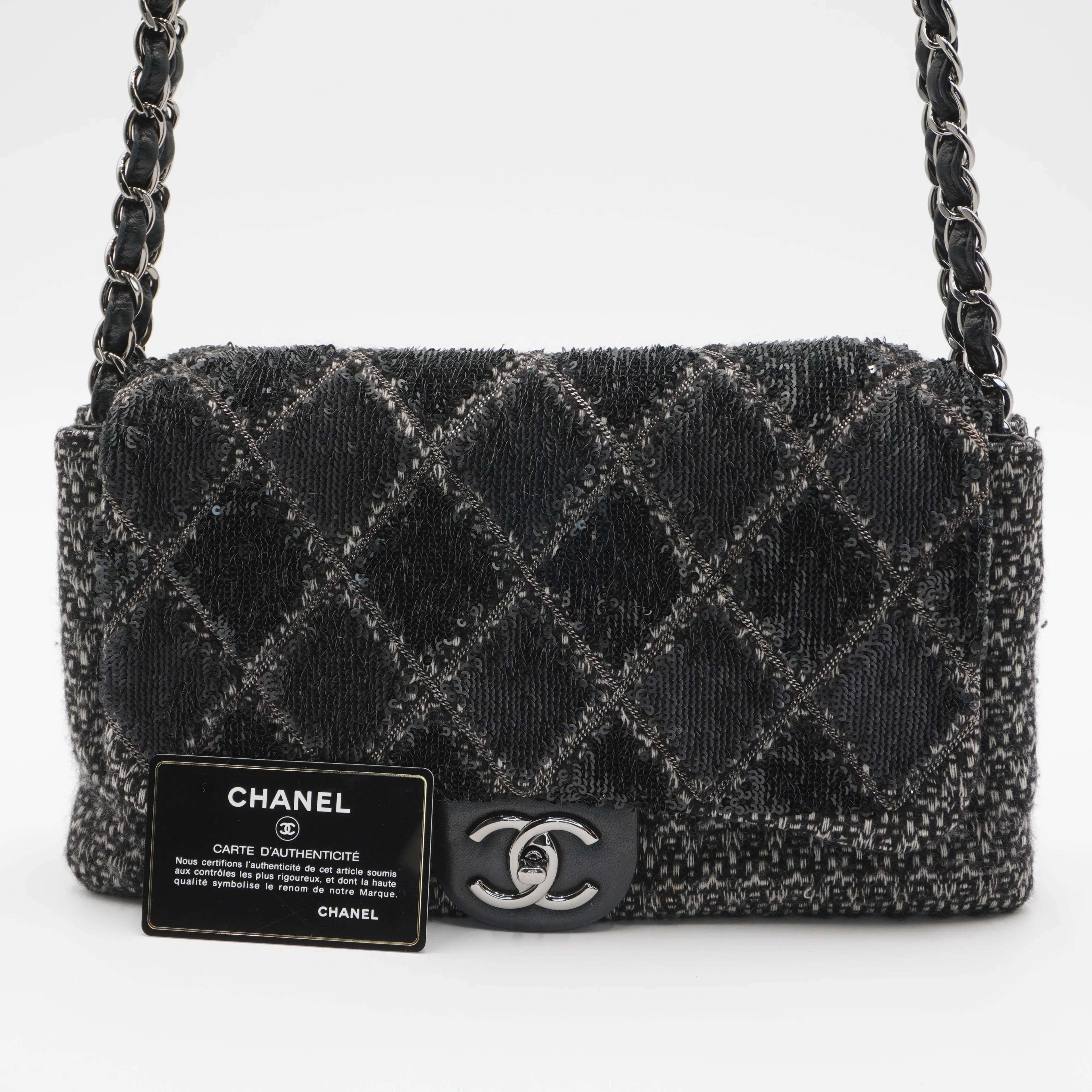 CHANEL Sequin Tweed Icons Chain Accordion Flap Bag CHANEL